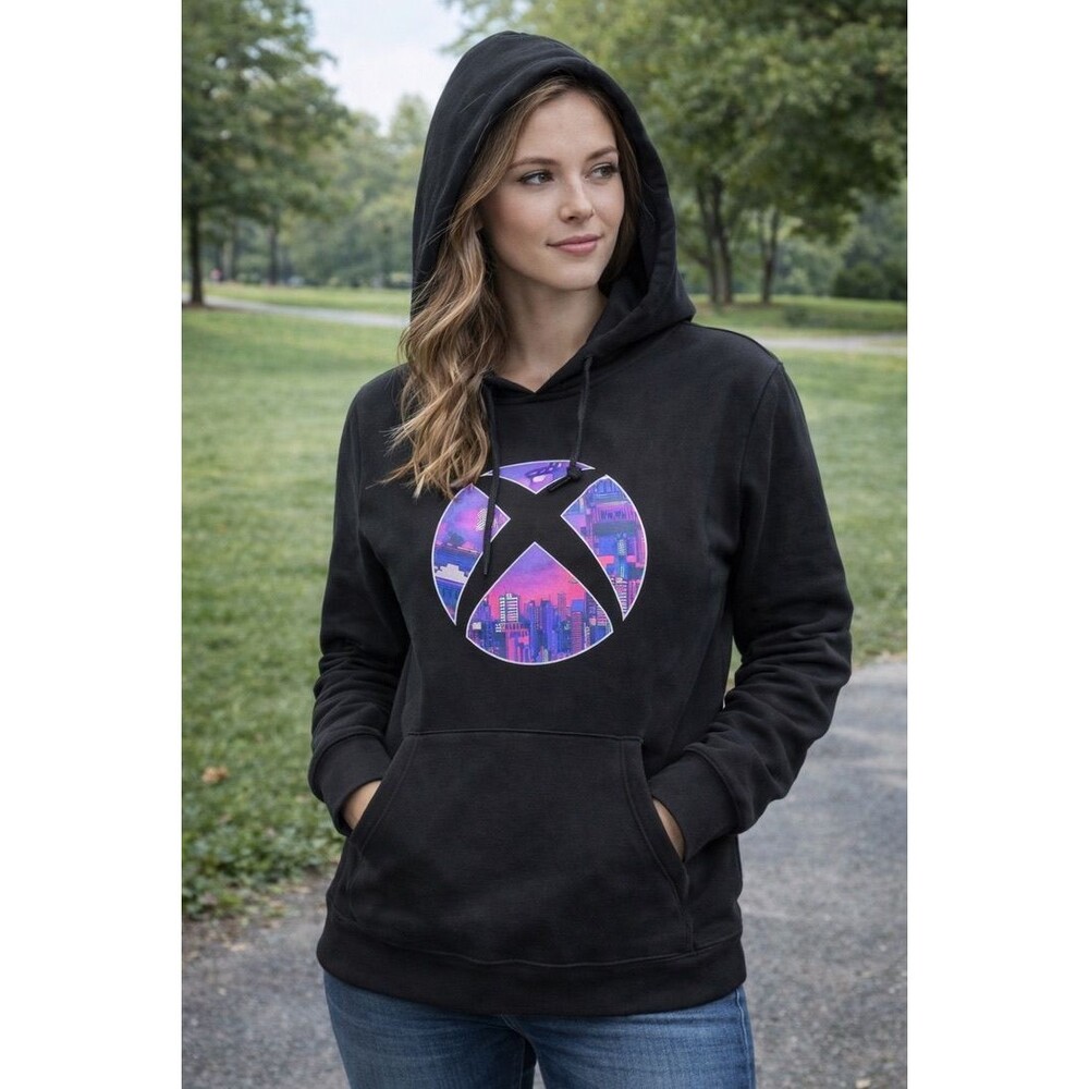 Xbox Hoodie Mens XL Black Pullover Graphic Logo Cityscape Kangaroo Pocket